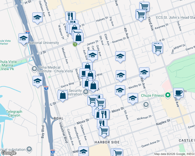 map of restaurants, bars, coffee shops, grocery stores, and more near 862 Beech Avenue in Chula Vista