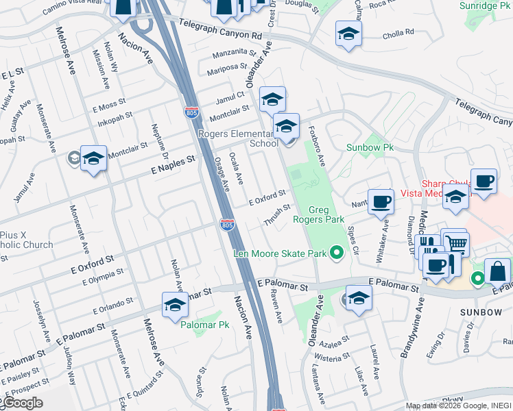 map of restaurants, bars, coffee shops, grocery stores, and more near 444 East Oxford Street in Chula Vista