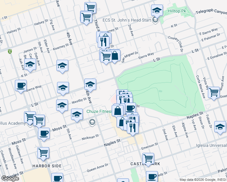 map of restaurants, bars, coffee shops, grocery stores, and more near 940 3rd Avenue in Chula Vista