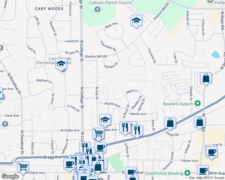 map of restaurants, bars, coffee shops, grocery stores, and more near 677 Center Place in Auburn