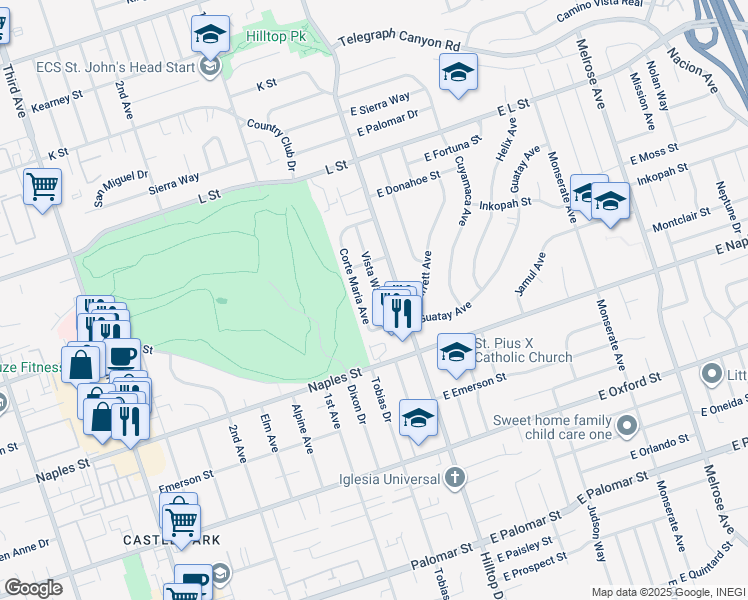map of restaurants, bars, coffee shops, grocery stores, and more near 1038 Vista Way in Chula Vista