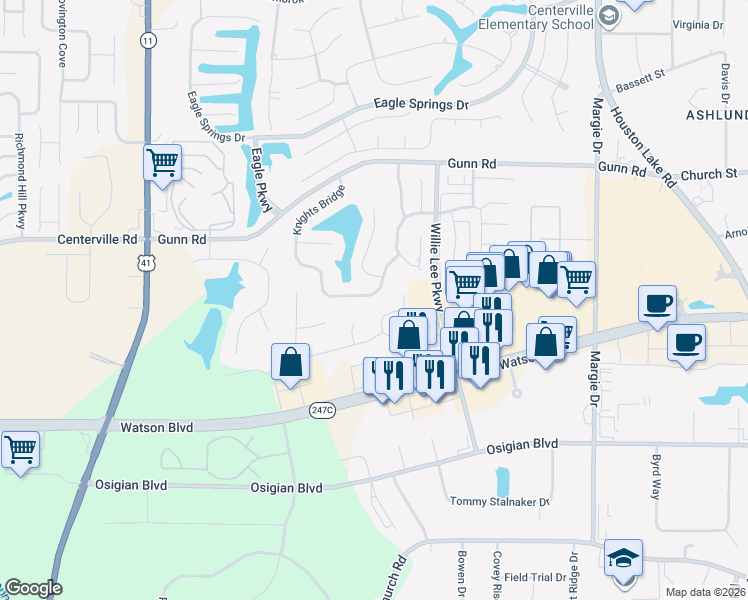map of restaurants, bars, coffee shops, grocery stores, and more near 114 Knights Bridge in Warner Robins