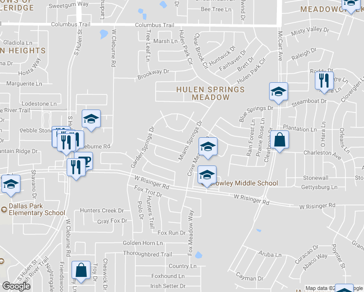 map of restaurants, bars, coffee shops, grocery stores, and more near 3955 Colorado Springs Drive in Fort Worth