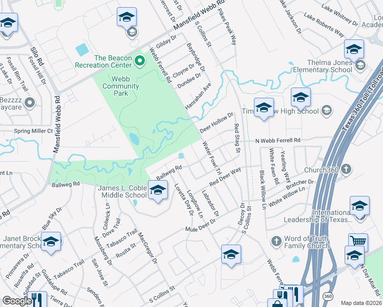 map of restaurants, bars, coffee shops, grocery stores, and more near 7506 Sweetwater Lane in Arlington