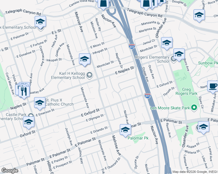 map of restaurants, bars, coffee shops, grocery stores, and more near 1135 Monterey Avenue in Chula Vista