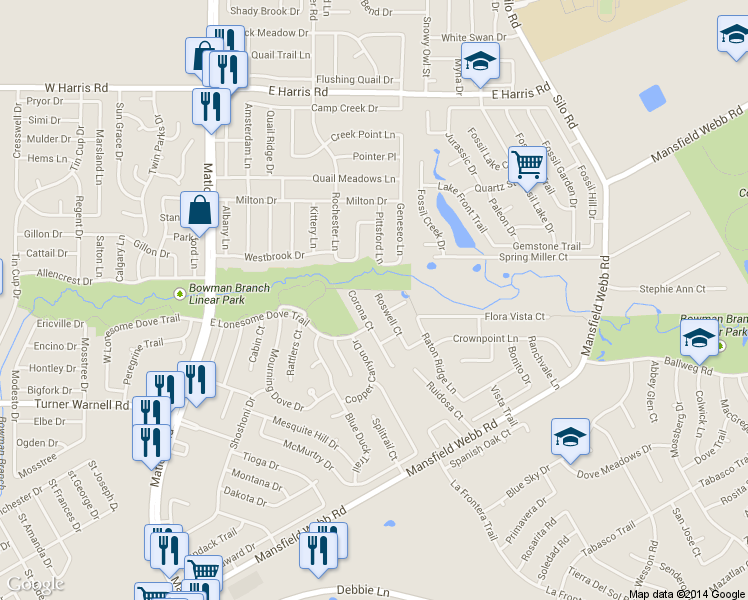 map of restaurants, bars, coffee shops, grocery stores, and more near 7802 Roswell Court in Arlington