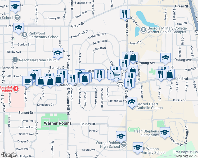 map of restaurants, bars, coffee shops, grocery stores, and more near 919 McArthur Boulevard in Warner Robins