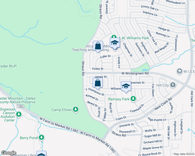 map of restaurants, bars, coffee shops, grocery stores, and more near 1410 Samuel Street in Cedar Hill