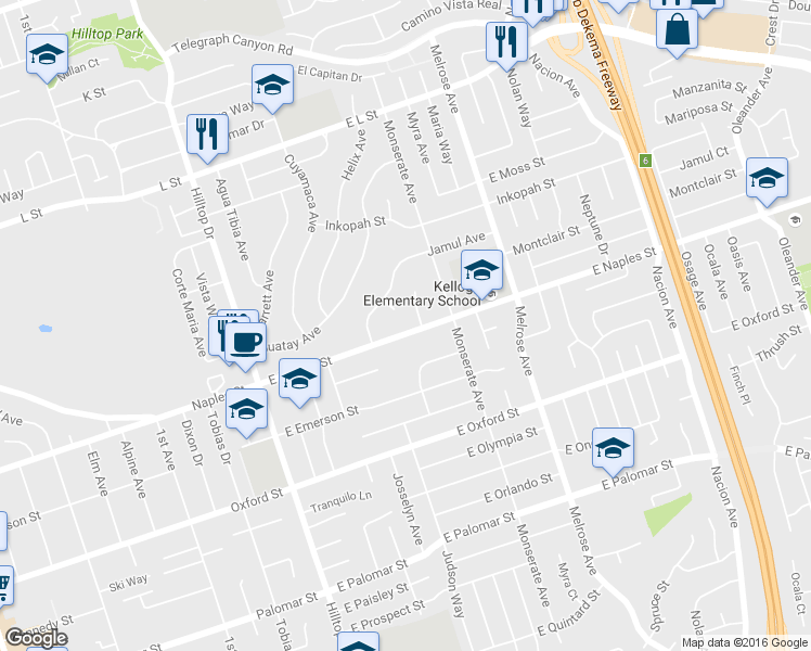 map of restaurants, bars, coffee shops, grocery stores, and more near 135 E Naples St in Chula Vista