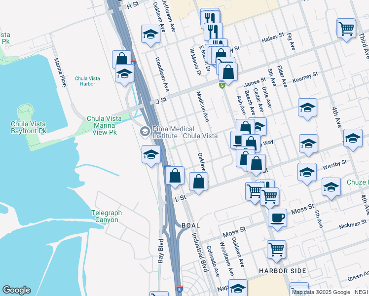 map of restaurants, bars, coffee shops, grocery stores, and more near 804 Woodlawn Avenue in Chula Vista