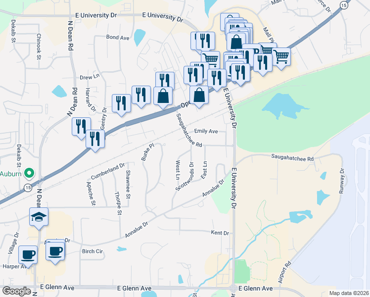 map of restaurants, bars, coffee shops, grocery stores, and more near 649 West Lane in Auburn