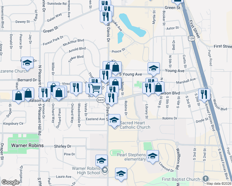map of restaurants, bars, coffee shops, grocery stores, and more near 409 North Commercial Circle in Warner Robins