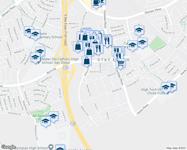 map of restaurants, bars, coffee shops, grocery stores, and more near 1660 Metro Avenue in Chula Vista