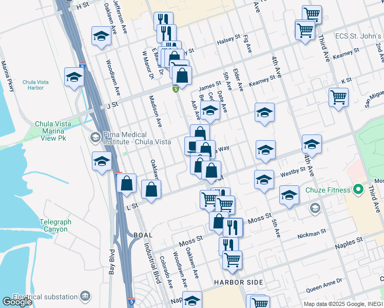 map of restaurants, bars, coffee shops, grocery stores, and more near 842 Broadway in Chula Vista