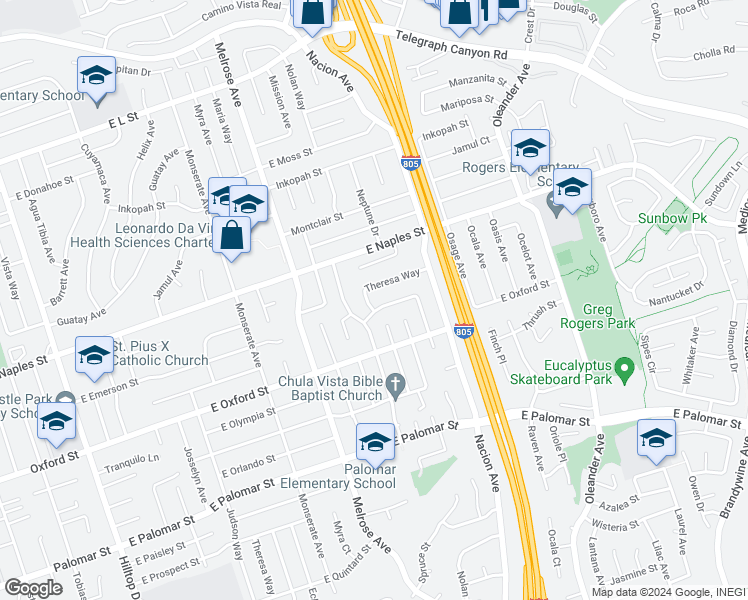 map of restaurants, bars, coffee shops, grocery stores, and more near 1151 Napa Avenue in Chula Vista