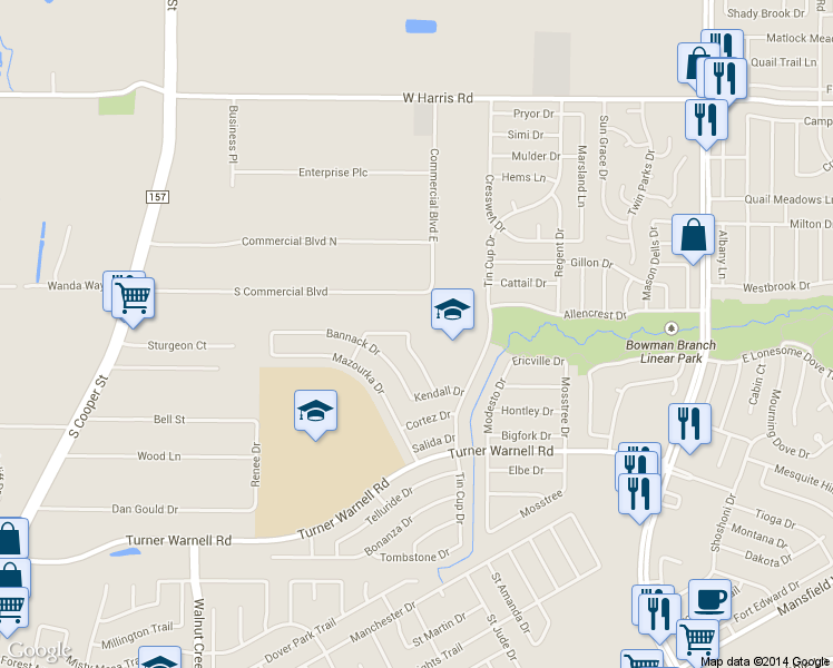map of restaurants, bars, coffee shops, grocery stores, and more near 7903 Beef Creek Drive in Arlington