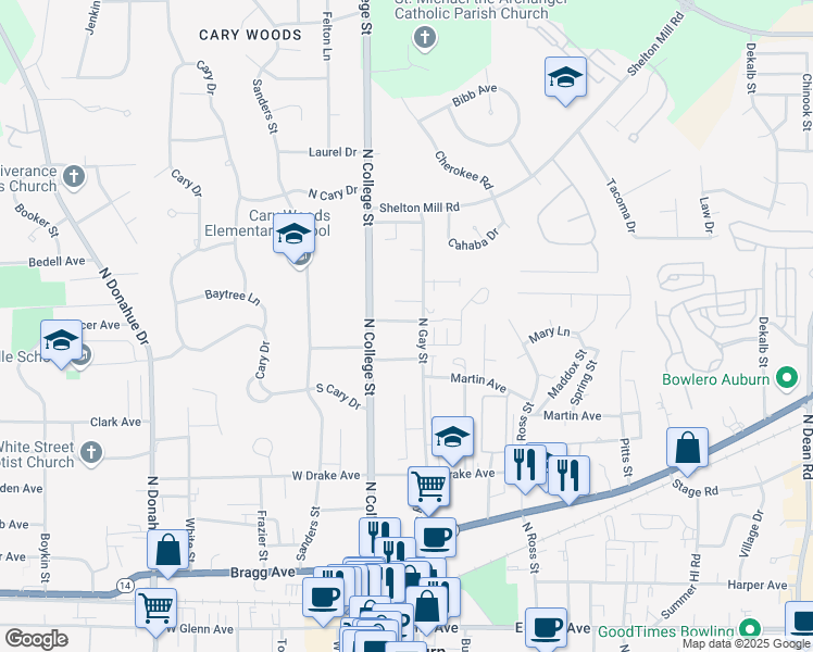 map of restaurants, bars, coffee shops, grocery stores, and more near 128 Wynn Ave in Auburn