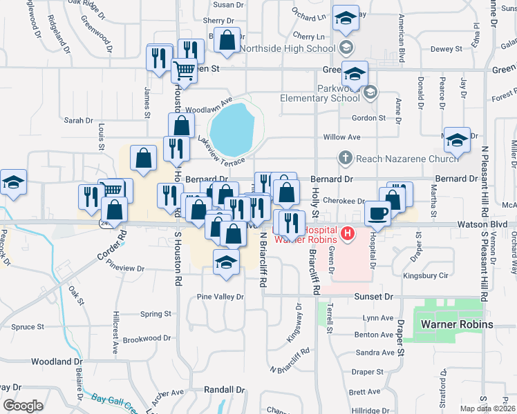 map of restaurants, bars, coffee shops, grocery stores, and more near 1762 Watson Boulevard in Warner Robins