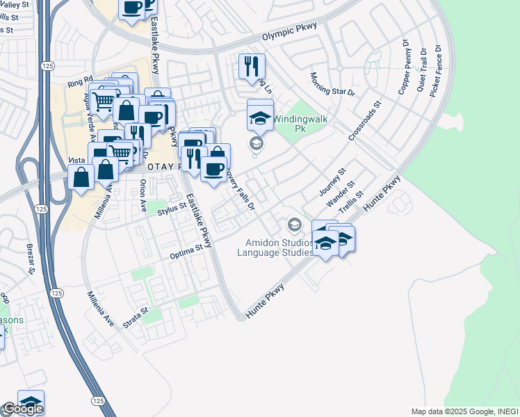 map of restaurants, bars, coffee shops, grocery stores, and more near 1753 Discovery Falls Drive in Chula Vista