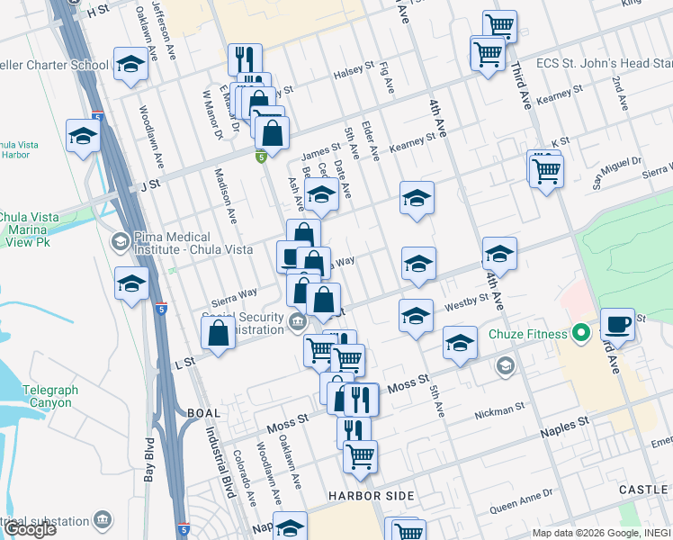 map of restaurants, bars, coffee shops, grocery stores, and more near 867 Beech Avenue in Chula Vista