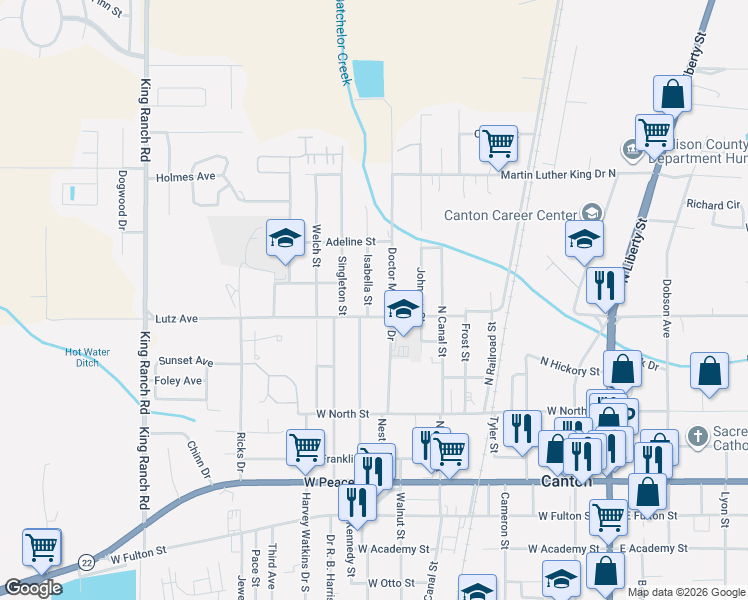 map of restaurants, bars, coffee shops, grocery stores, and more near 416 Isabella Street in Canton