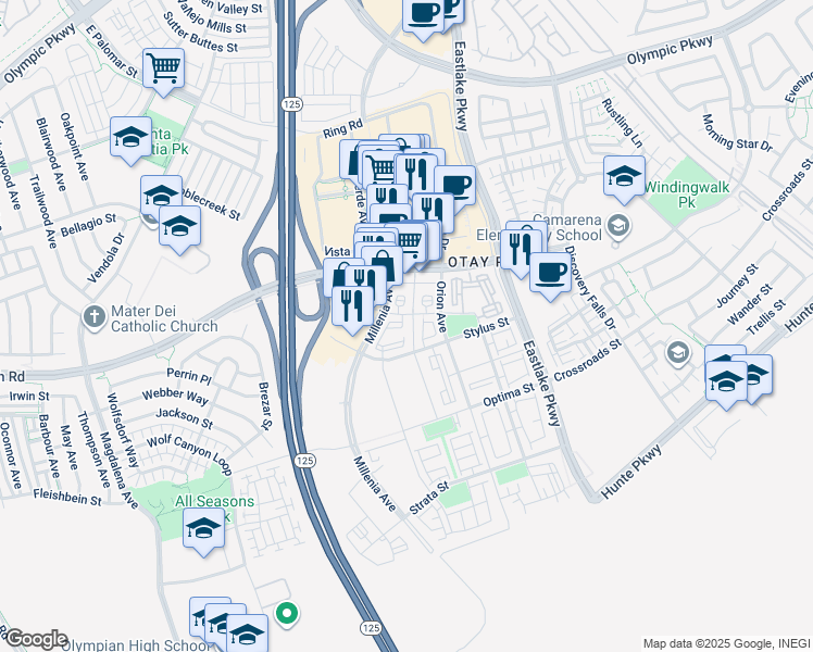 map of restaurants, bars, coffee shops, grocery stores, and more near 1660 Metro Avenue in Chula Vista