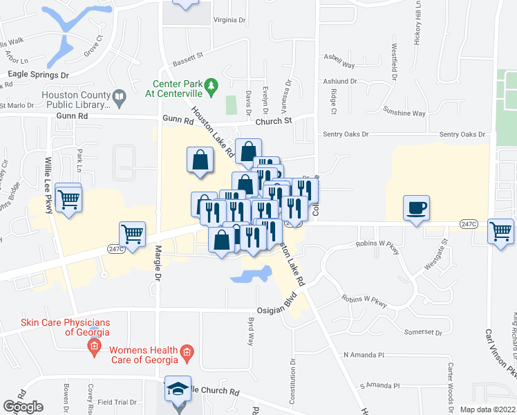 map of restaurants, bars, coffee shops, grocery stores, and more near 101 South Houston Lake Road in Warner Robins