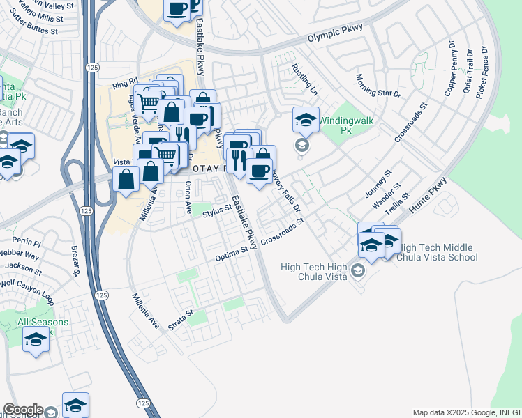 map of restaurants, bars, coffee shops, grocery stores, and more near 1745 Eastlake Parkway in Chula Vista