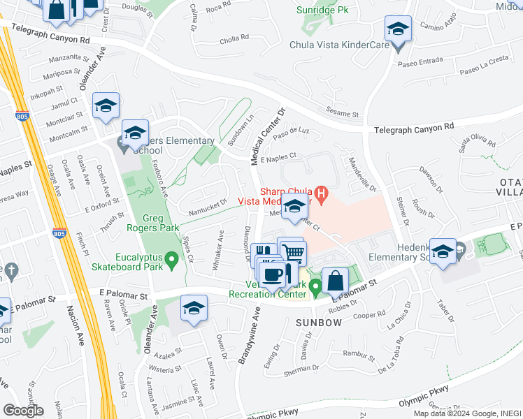 map of restaurants, bars, coffee shops, grocery stores, and more near in Chula Vista