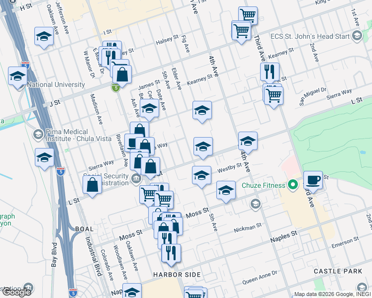 map of restaurants, bars, coffee shops, grocery stores, and more near 873 Date Avenue in Chula Vista