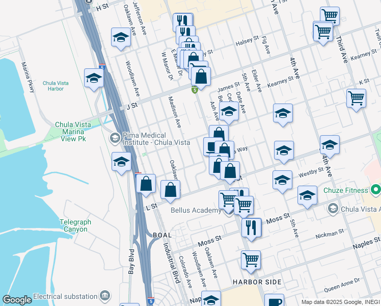 map of restaurants, bars, coffee shops, grocery stores, and more near 828 Madison Avenue in Chula Vista