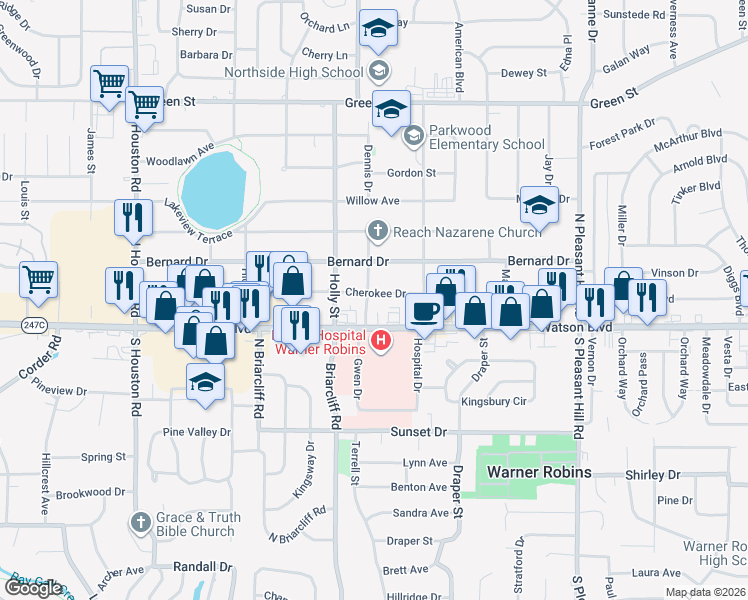 map of restaurants, bars, coffee shops, grocery stores, and more near 413 Cherokee Drive in Warner Robins