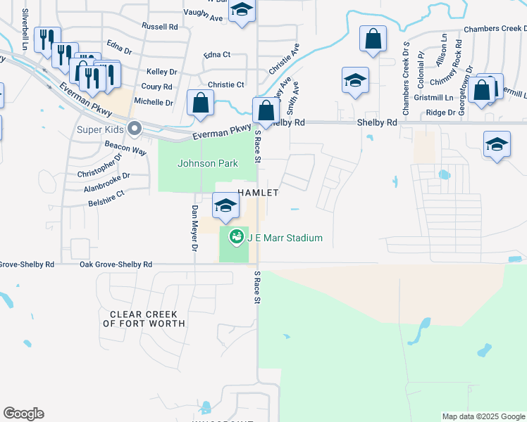 map of restaurants, bars, coffee shops, grocery stores, and more near 9228 Coral Lane in Fort Worth