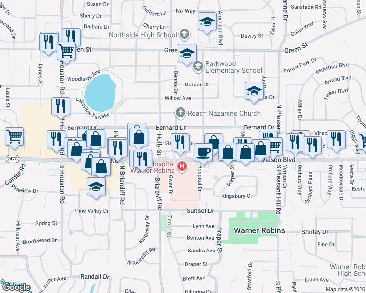 map of restaurants, bars, coffee shops, grocery stores, and more near 413 Cherokee Drive in Warner Robins
