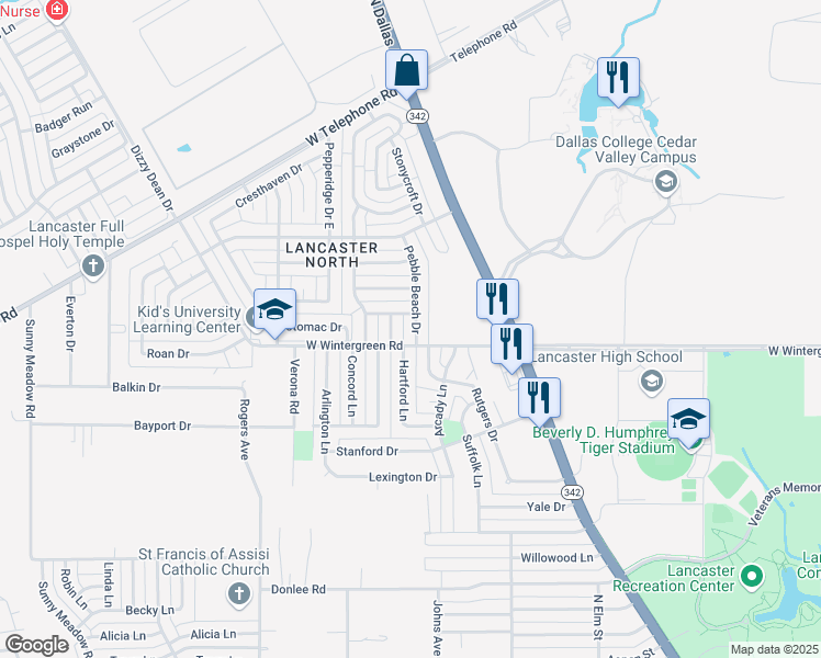 map of restaurants, bars, coffee shops, grocery stores, and more near 2709 Pebble Beach Drive in Lancaster