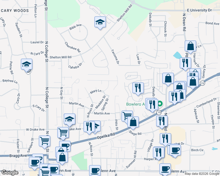 map of restaurants, bars, coffee shops, grocery stores, and more near 538 Mary Lane in Auburn
