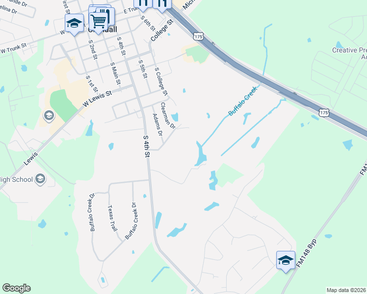 map of restaurants, bars, coffee shops, grocery stores, and more near 116 Willow Lake Lane in Crandall