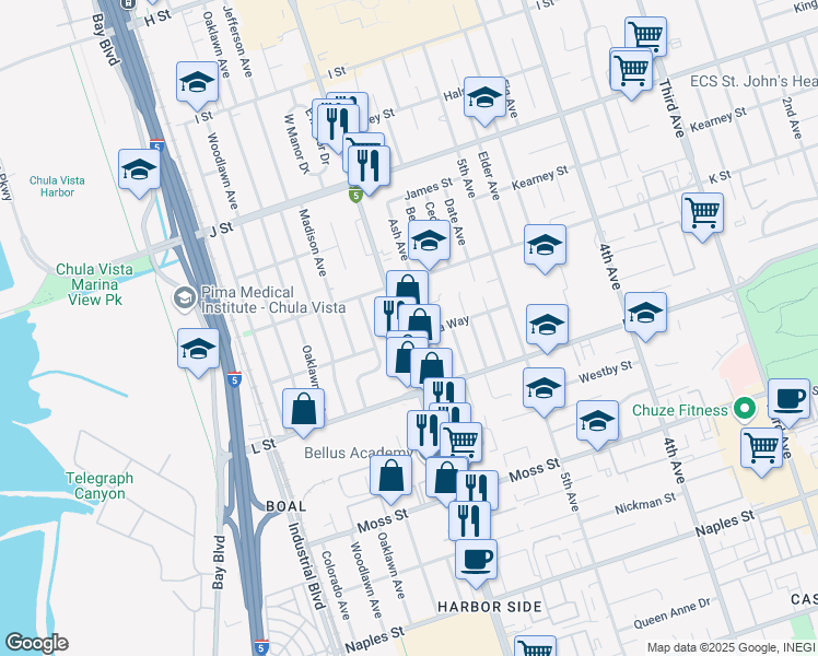 map of restaurants, bars, coffee shops, grocery stores, and more near 856 Ash Avenue in Chula Vista