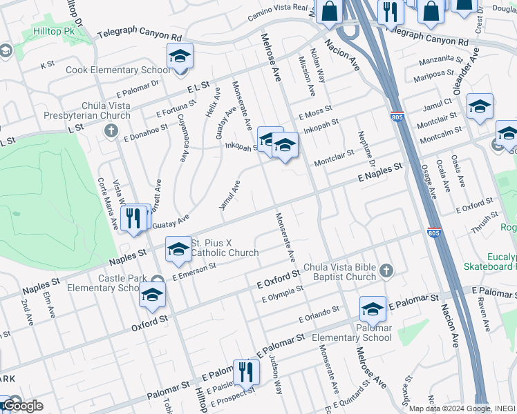 map of restaurants, bars, coffee shops, grocery stores, and more near 135 East Naples Street in Chula Vista