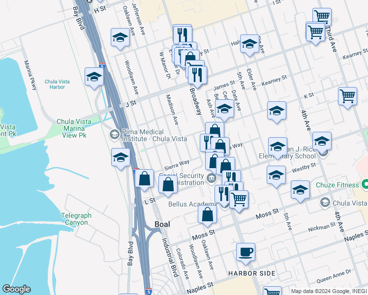 map of restaurants, bars, coffee shops, grocery stores, and more near 828 Madison Avenue in Chula Vista