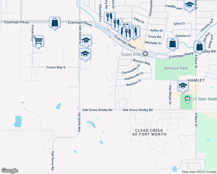 map of restaurants, bars, coffee shops, grocery stores, and more near 1762 Belshire Court in Fort Worth