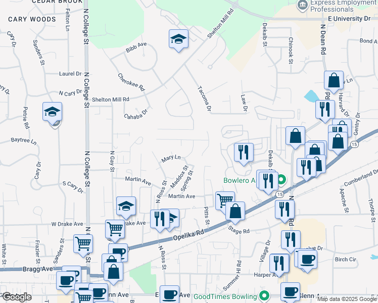 map of restaurants, bars, coffee shops, grocery stores, and more near 527 Mary Lane in Auburn