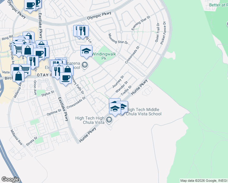 map of restaurants, bars, coffee shops, grocery stores, and more near 2301 Wander Street in Chula Vista