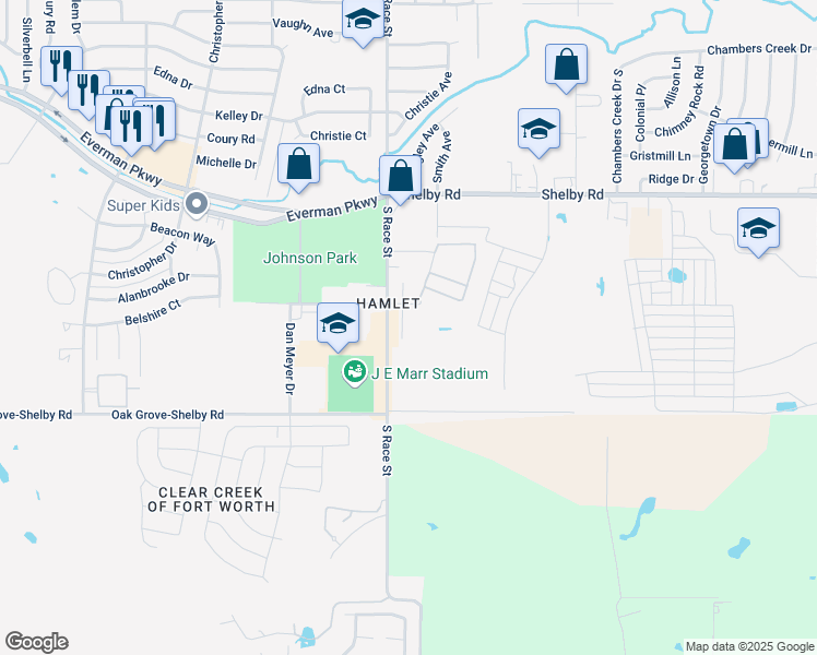 map of restaurants, bars, coffee shops, grocery stores, and more near 9228 Coral Lane in Fort Worth