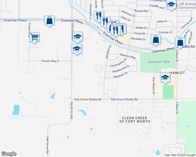 map of restaurants, bars, coffee shops, grocery stores, and more near 1751 Farleigh Court in Fort Worth