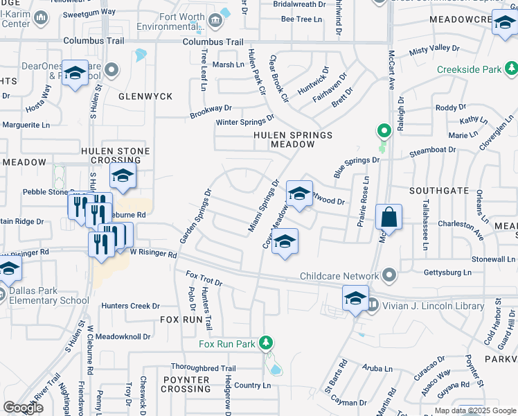 map of restaurants, bars, coffee shops, grocery stores, and more near 8536 Miami Springs Drive in Fort Worth