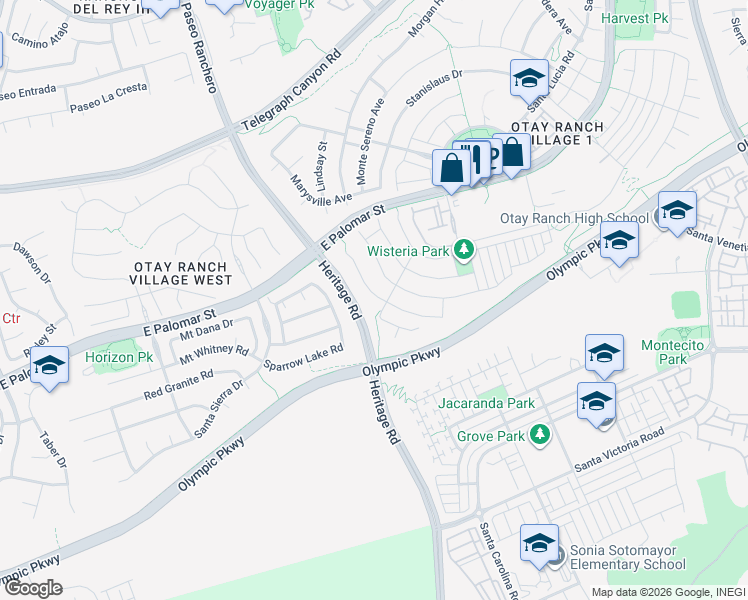 map of restaurants, bars, coffee shops, grocery stores, and more near 1360 Weaverville Street in Chula Vista