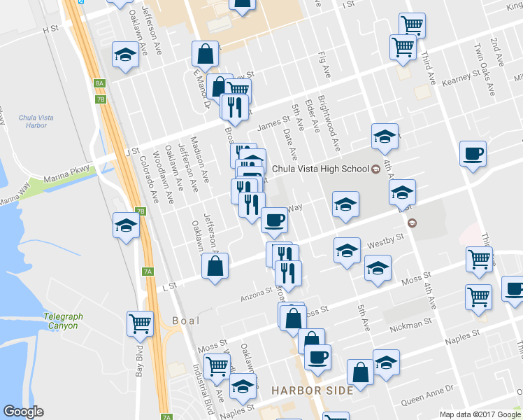 map of restaurants, bars, coffee shops, grocery stores, and more near 856 Ash Avenue in Chula Vista