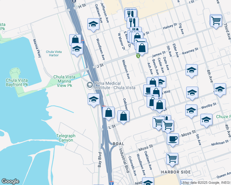 map of restaurants, bars, coffee shops, grocery stores, and more near 804 Woodlawn Avenue in Chula Vista