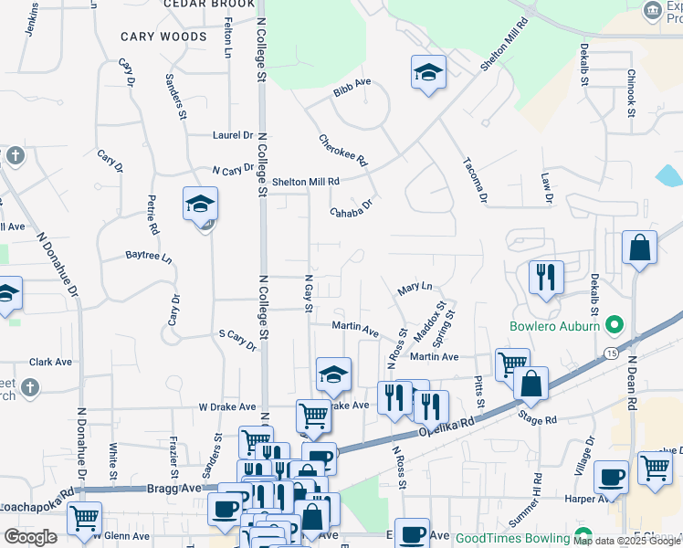 map of restaurants, bars, coffee shops, grocery stores, and more near 677 Center Place in Auburn